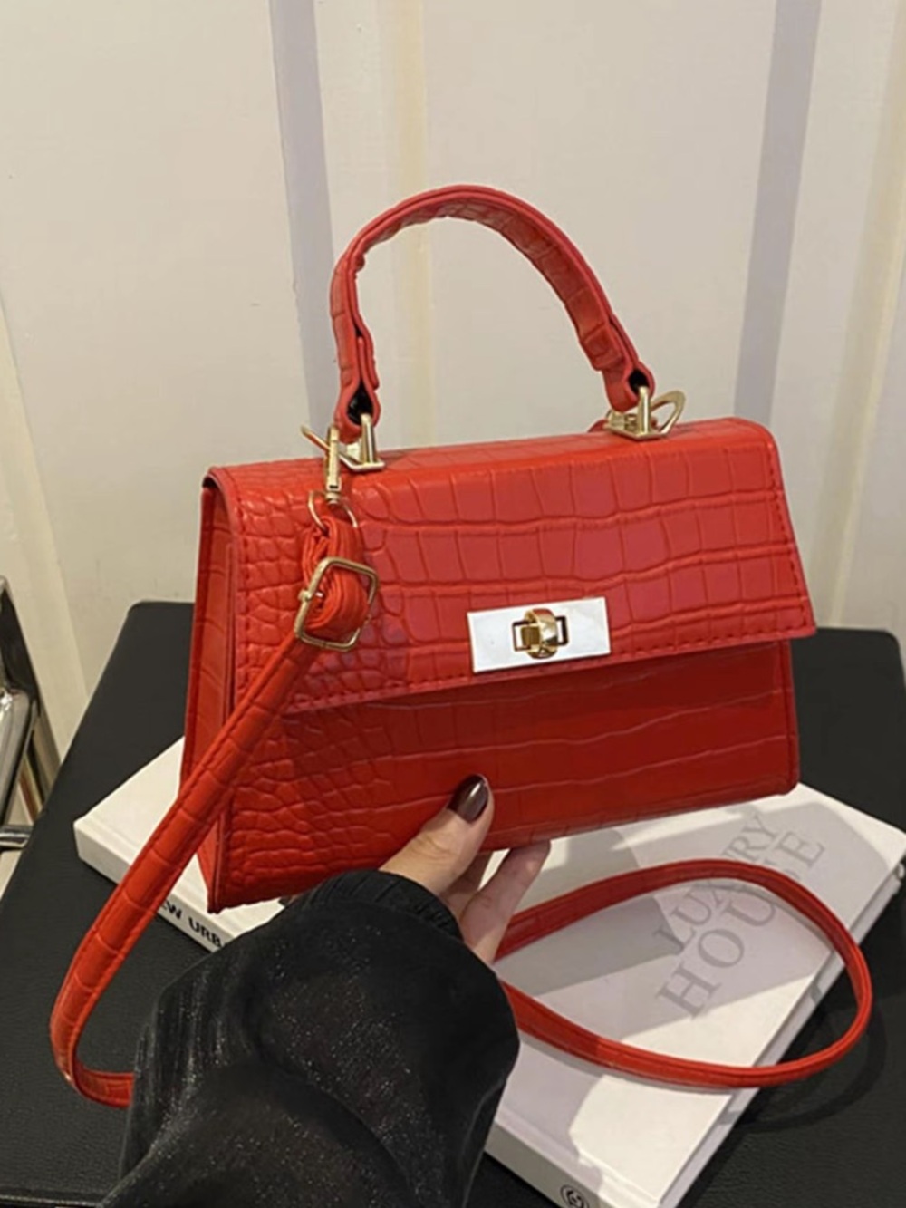 Vintage Mini Crossbody Red Croc-Embossed PU Leather Top-Handle Satchel Handbag